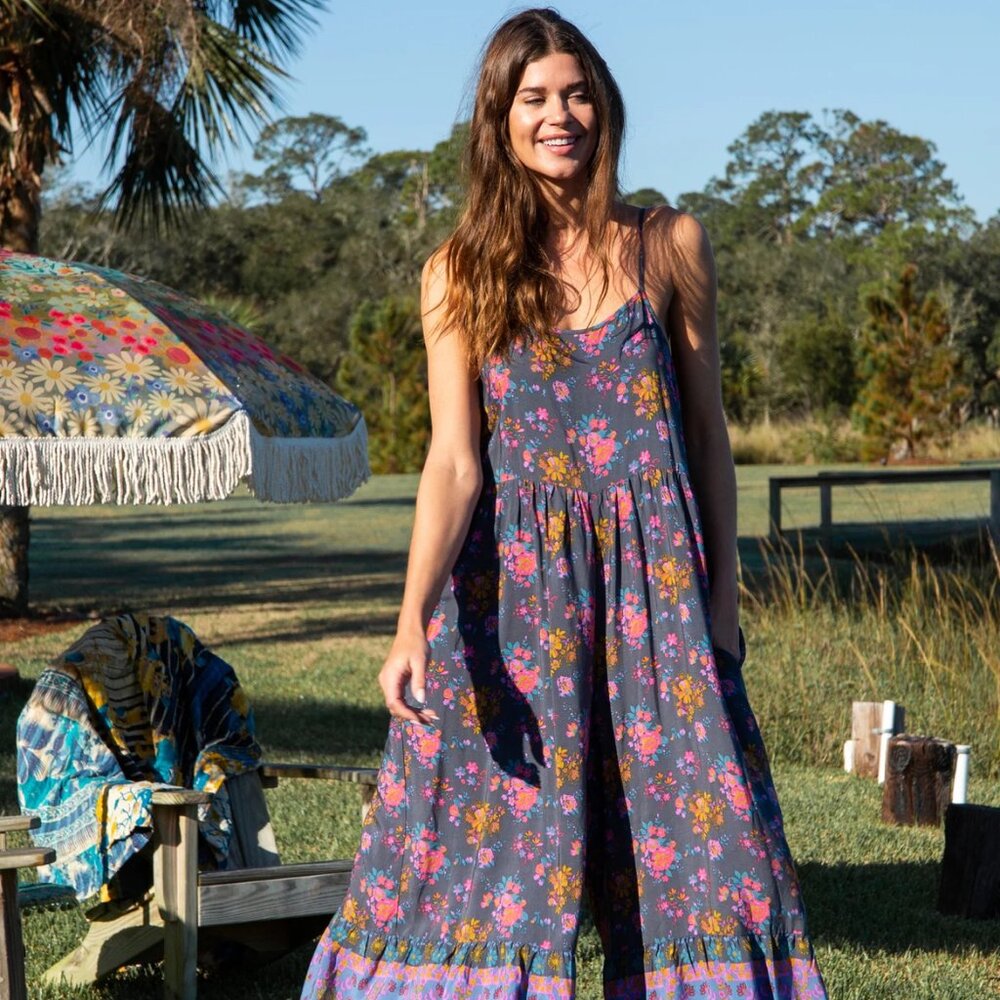 Natural Life Zoe Wide-Leg Jumpsuit - Charcoal Blue Border